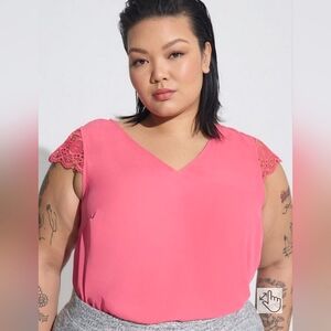 Torrid Georgette Lace Trim Cap Sleeve Blouse Top Pink Size 1x